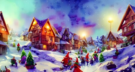 Fototapeta na wymiar In the picture, there is a village with houses made of gingerbread and candy. The roofs are covered in snow and there are Christmas lights everywhere. Santa Claus is standing in the middle of the vill