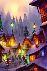 People are walking around in the snow, admiring the Christmas lights and decorations. The air is cold and crisp. Santa Claus is sitting in his workshop, surrounded by elves who are busy making toys.