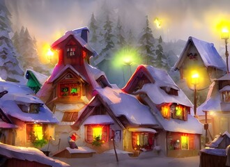 A group of children are eagerly running towards Santa Claus, who is standing in front of a large red and white North Pole sign. The village behind him is filled with log cabin style houses and Christm