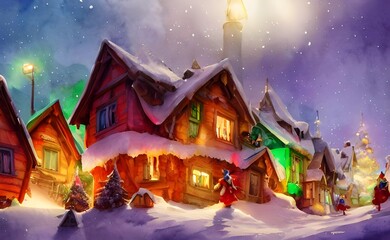 In the picture, there is a village with houses made of candy and gingerbread. The roofs are covered in snow and decorations. There is a large Christmas tree in the center of the village. Santa Claus i
