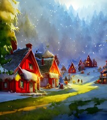 Obraz premium In the picture, there is a village with houses made of gingerbread and candy. The roofs are covered in snow and there are Christmas lights everywhere. Santa Claus is standing in the middle of the vill