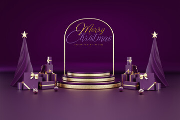 3d render of podium at christmas concept with-decoration