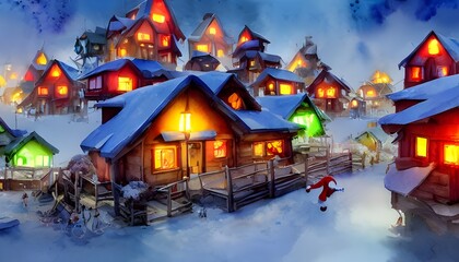 In the picture, there is a village with various Christmas-themed buildings and lights. The snow is freshly fallen, and in the distance, you can see Santa Claus's workshop.