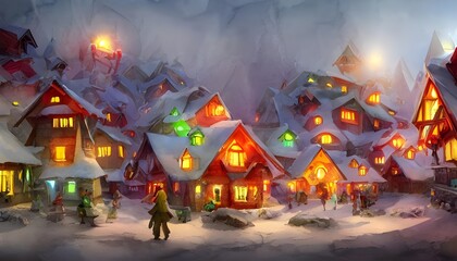 In the Santa Claus village, there are lots of reindeer and elves. The North Pole is in the background, and it's snowing heavily. Santa is standing in front of his workshop with a sack full of presents