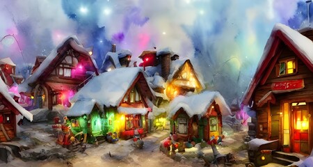 Obraz premium In the picture, there is a village with houses made of candy and gingerbread. The roofs are covered in snow and there are Christmas trees around the houses. Santa Claus is standing in front of one of 