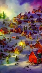 In the distance, a quaint village can be seen. It's houses are all different sizes and colors, but they all have one similarity - each has a smoking chimney. The streets are lined with Christmas trees