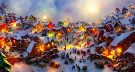 There are little houses and shops lining the streets, all covered in a layer of snow. The air is cold and crisp, and you can see your breath in front of you. In the center of the village there's a big