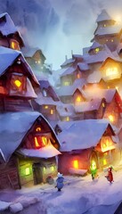 Fototapeta na wymiar In the picture, there is a snowy village with houses made of gingerbread and candy canes. Santa Claus is in his workshop, making toys for all the good girls and boys. The elves are busy wrapping prese