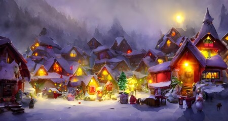 In the picture, there is a village with gingerbread houses and candy canes. Santa Claus is in his workshop, making toys for all the good boys and girls. sleighs are lined up outside, ready to be fille
