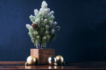 Frosted miniature tabletop evergreen winter tree with Christmas holiday ornaments