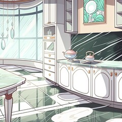 Tidy kitchen with marble surface