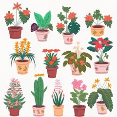 Different plants in pots flat 2d illustrated illustrations cartoon style. indoor flowers in planters, flowerpots or vases with houseplants begonia, alocasia isolated on white background. nature, urba