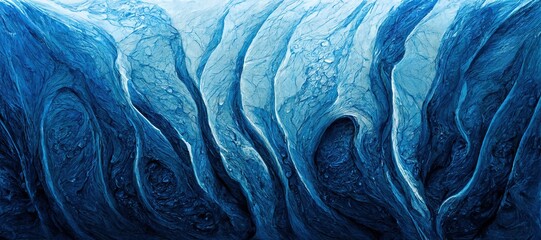 Abstract ice blue glacier dune curves and folds, highly detailed frozen and solidified rocky surface texture. Close-up background art resource.