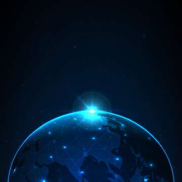 earth planet with network connection and light flare in space, vector illustration