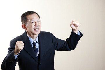 Middle-aged Japanese male businessman wearing navy blue suit on white background. Conceptual image of a project proposal, strategic business success and negotiation closing.