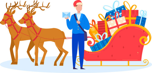Naklejka premium Christmas postman delivery on reindeer sleg carries with gifts to children vector illustration, isolated on white background. Merry Christmas Santa deer card
