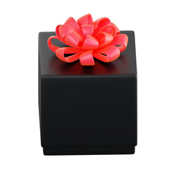 Realistic black gift box with red ribbon bow. Concept of abstract holiday, birthday, Christmas or Black Friday present or surprise. 3d high quality isolated render