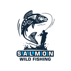 salmon wild fish logo, silhouette of fisherman in actions vector illustrations