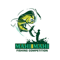 mahi mahi fishing competition banner logo, silhouette of great fisherman in actions vvector illustrations