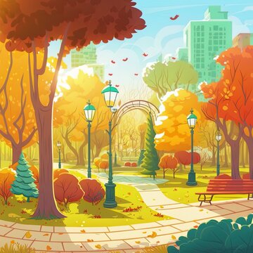 Parallax Background With City Park In Autumn