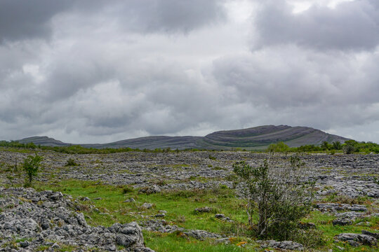 Burren National Park, Co. Clare, Ireland: View of Mullaghmore Hill from the Burren (&ldquo;rocky place&rdquo;), one of the largest karst limestone landscapes in Europe.