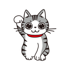 招き猫のポーズをするキラキラした瞳のサバトラ猫