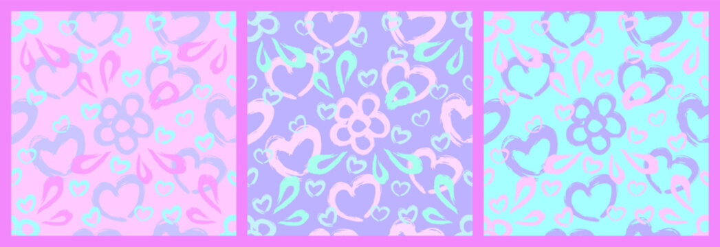 Seamless pattern with hand drawn hearts, flowers, leaves and pastel colors. Each pattern is isolated. Cute print for St. Valentines day, wrapping paper, cover and othe using. Vector illustration. Set.
