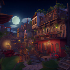Fototapeta na wymiar Pirate village in the moonlight.