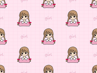 Girl cartoon character seamless pattern on pink background