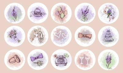 Wedding icons for stories on social networks. Highlights the covers for the story. A set of hand-drawn covers for the current