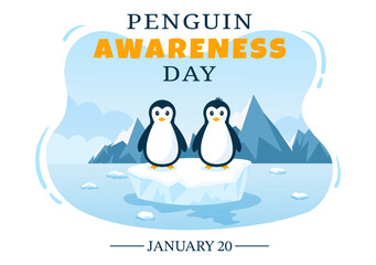 Obraz premium Happy Penguin Awareness Day on January 20th to Maintain the Penguins Population and Natural Habitat in Flat Cartoon Hand Drawn Templates Illustration