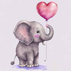Adorable Baby Elephant With Heart Shape Balloon Watercolor