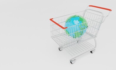 Shopping cart with low poly global business concept scene 3D rendering wallpaper backgrounds