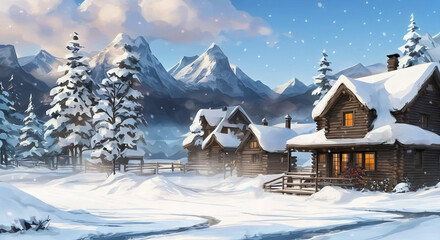 winter landscape with house and snow digital ilustration of house in winter forest, a cosy cabin in the snow with warm lights from inside