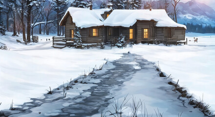 winter landscape with house and snow digital ilustration of house in winter forest, a cosy cabin in the snow with warm lights from inside