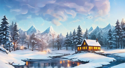 winter landscape with house and snow digital ilustration of house in winter forest, a cosy cabin in the snow with warm lights from inside