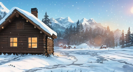 Fototapeta premium winter landscape with house and snow digital ilustration of house in winter forest, a cosy cabin in the snow with warm lights from inside