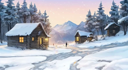 Papier Peint photo Lavable Ciel bleu winter landscape with house and snow digital ilustration of house in winter forest, a cosy cabin in the snow with warm lights from inside