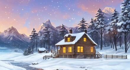 Fototapeta na wymiar winter landscape with house and snow digital ilustration of house in winter forest, a cosy cabin in the snow with warm lights from inside