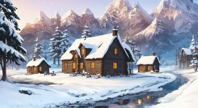 winter landscape with house and snow digital ilustration of house in winter forest, a cosy cabin in the snow with warm lights from inside