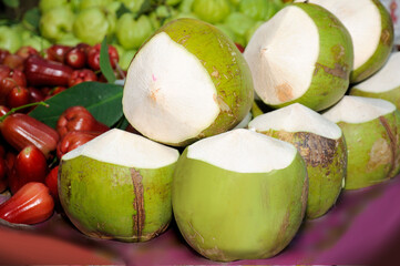 young coconut, food street market in Bangkok, Thailand