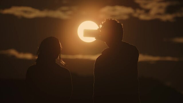 Slow motion silhouette of couple with cell phone photographing scenic sunset / Boulder, Utah, United States