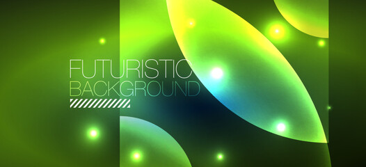 Abstract background with neon glowing light effects. Round shapes, triangles and circles. Wallpaper for concept of AI technology, blockchain, communication, 5G, science, business and technology