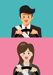 Businessman and woman driving a car