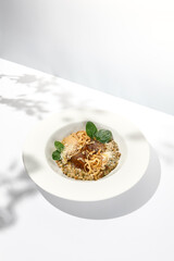 Elegant food - braised beef cheeks with buckwheat and gravy. Stew veal cheeks with sauce and green leaves in white plate with shadows. Summer style menu with hard shadows of leaves