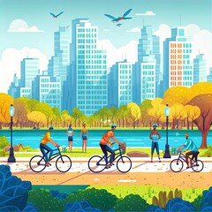 People Walk, Run And Ride A Bike In A City Park. Active Lifestyle In Urban Environments. Outdoor Leisure. 2D Illustrated Illustration In Cartoon Style