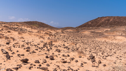 Light red to brown desert surface with many black volcanic rocks and hills in distance 