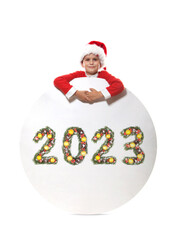 Santa Claus holds christmas poster and 2023 number