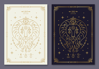 Leo zodiac horoscope golden signs on dark navy and white cards set. Stylized symbols of esoteric, zodiacal astrological calendar, horoscope constellation, cover design thin line vector illustration
