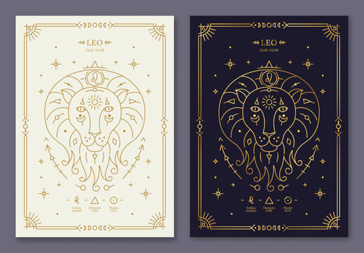 Leo zodiac horoscope golden signs on dark navy and white cards set. Stylized symbols of esoteric, zodiacal astrological calendar, horoscope constellation, cover design thin line vector illustration